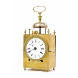 French brass two train Capucine alarm clock, the 3.5" white dial signed Pienon, á Roanne, within a