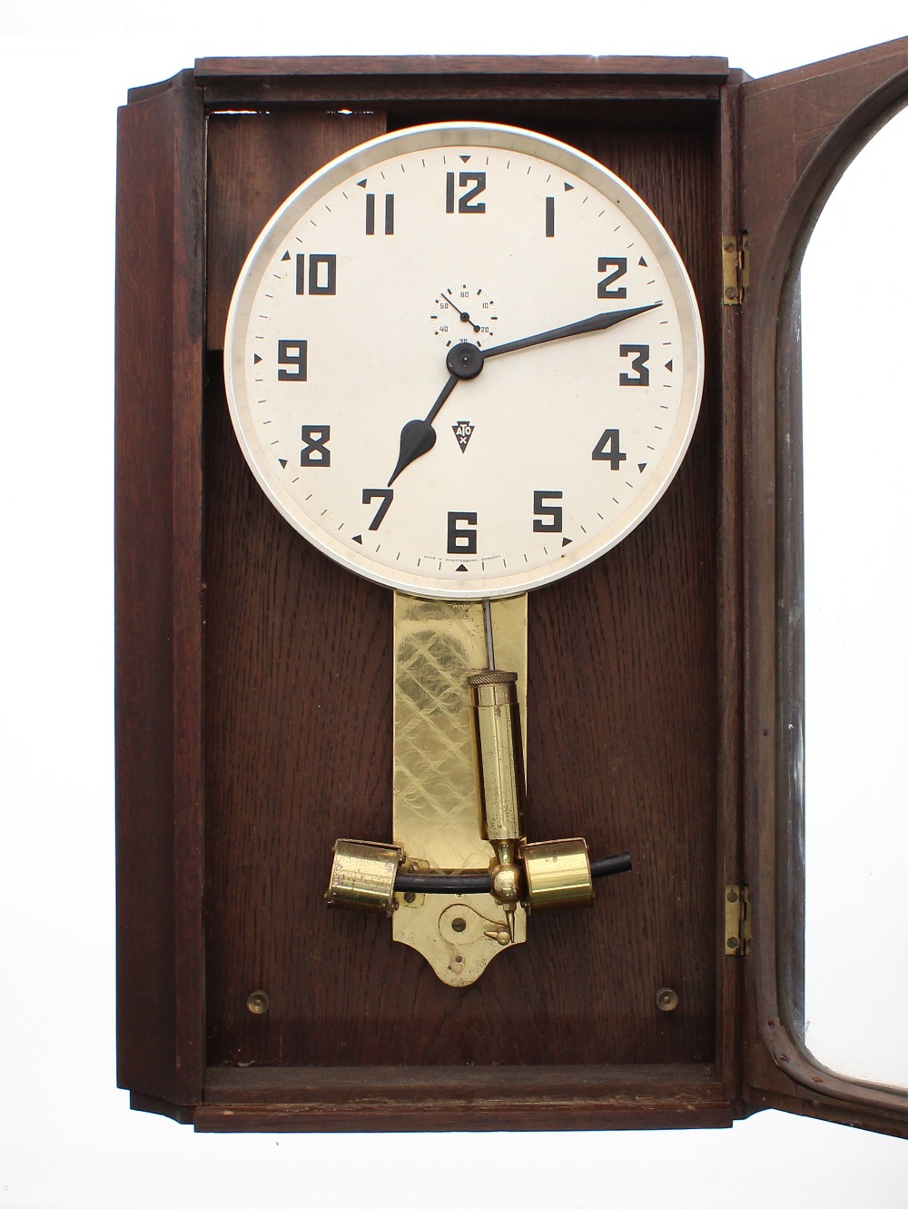 ATO battery electric wall clock in veneered case, full height door glazing and 6" painted dial - Image 2 of 2