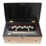 Rosewood cased music box circa 1870, the 10.5" cylinder with nine bells playing on six airs,