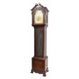 Fine mahogany three train musical longcase clock, the 12.25" brass arched dial signed Sermon Torquay