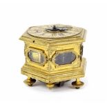 German hexagonal gilt metal striking table clock with alarm, Joh: Gottl: Freudenburg, Breslau, the