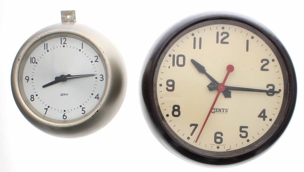 Gents synchronous wall clock in 8" silvered case with silver 6" dial; also a Gents 11" Bakelite