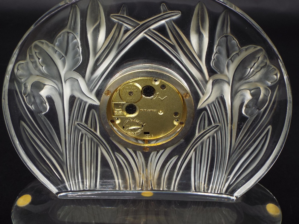 Lalique glass mantel clock, the 2" dial within a surround moulded with Iris' and foliage, upon an - Image 2 of 2