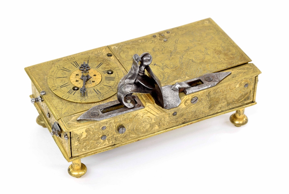 Zeidlmayr, Wienn., no. 42, rare gilt metal candle alarm clock, circa 1740, the gilt square plated