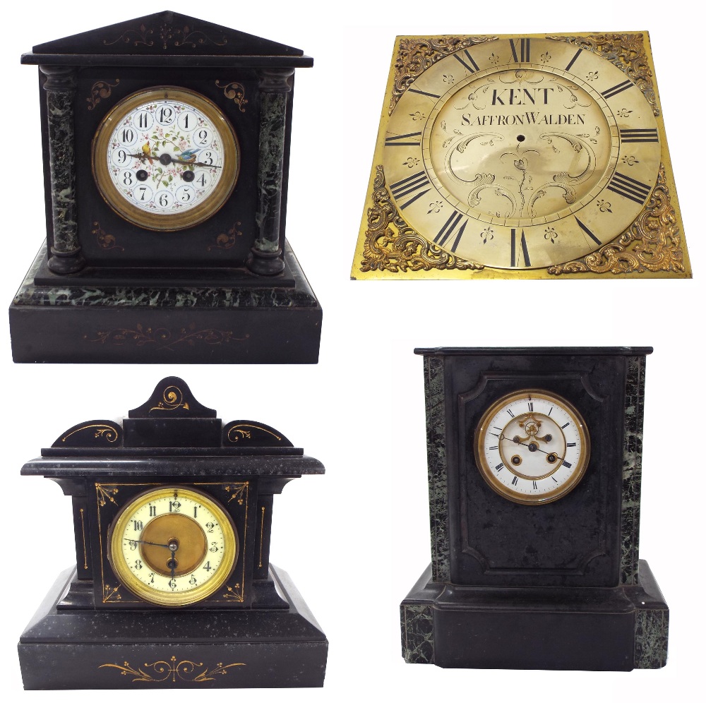 Black slate and green marble two train mantel clock with recessed escapement, within a breakfront