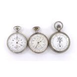 Silver centre second chronograph pocket watch, 50mm (at fault); together with a nickel cased