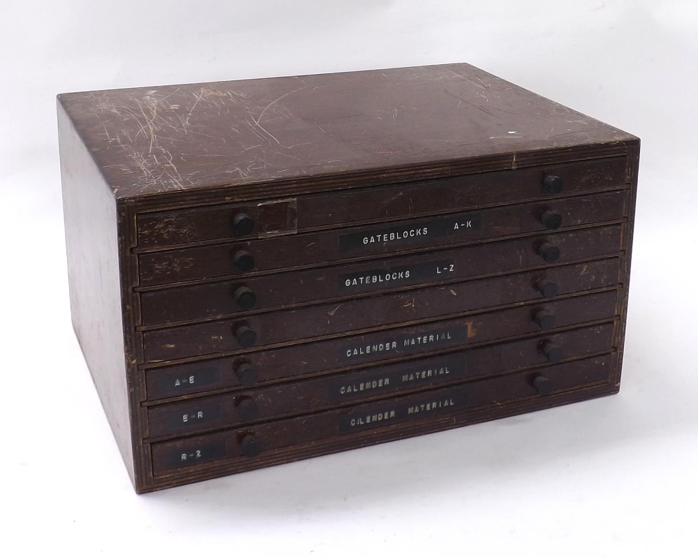 Seven drawer wooden chest containing various watch parts within named cases to include Smiths, - Image 2 of 2