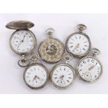 Three silver (0.800) cylinder pocket watches; together with three silver (0.800) lever pocket