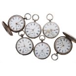 Six silver fusee lever pocket watches for repair, to include two hunter examples (6)