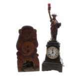 Bronzed cased Statue of Liberty clock timepiece with battery operated electric light, 15.5" high;