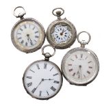 Four silver engraved and engine turned fob watches (4)