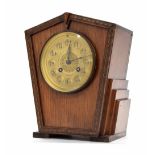 French Art Deco oak two train mantel clock striking on a gong (missing), the 3.75" gilt dial