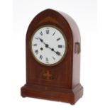 Mahogany inlaid two train lancet mantel clock, the 7" convex dial within a stepped case, 17.5"