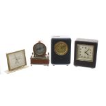 Four small novelty clocks; attractive German Mauthe musical alarm clock, two insurance savings money