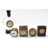 Five small novelty clocks, including a 4" high brass cigarette lighter clock, unusual Maurel