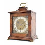 Small German walnut three train mantel clock, the movement with platform escapement striking on five