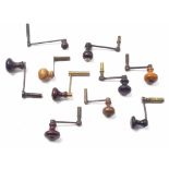 Ten various longcase clock crank handle winding keys with turned wooden handles (10)