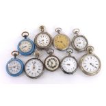 Eight cylinder fob watches; together with a lever fob watch (9)