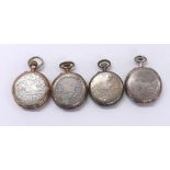 Equine interest - Four continental silver (0.800) cylinder pocket watches, with engraved cases