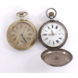 Continental white metal engraved lever hunter Goliath pocket watch, 65mm (at fault); together with a