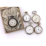 Five Continental silver (0.800) engine turned fob watches (5) (one boxed, one at fault)