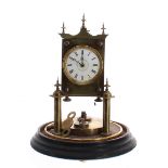 German torsion pendulum mantel clock by Jahresuhren-Fabrik, with white enamel 2" dial, on pillars