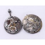 Two chronograph pocket watch movements for spares or repair (lacking dials)