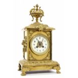 French brass two train mantel clock striking on a bell (missing), the 4" white dial within an ornate