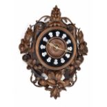 French vineyard two train wall clock, the 9.5" chapter ring with Roman cartouche enamel numerals,