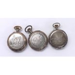 Equine interest - Three continental silver (0.800) cylinder pocket watches, with engraved cases each