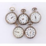 Five Continental silver (0.800) cylinder engraved fob watches (5)