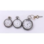 Silver (0.935) cylinder engraved fob watch; together with two small silver (0.935) cylinder engraved