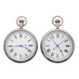 Two centre second stainless steel pocket watches, unsigned gilt frosted movements with compensated