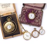 Gold plated half hunter cylinder pocket watch (case) (at fault); together with three gold plated