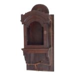 Antique mahogany hooded wall clock case with aperture for a 5" arched dial, 22.5" high overall