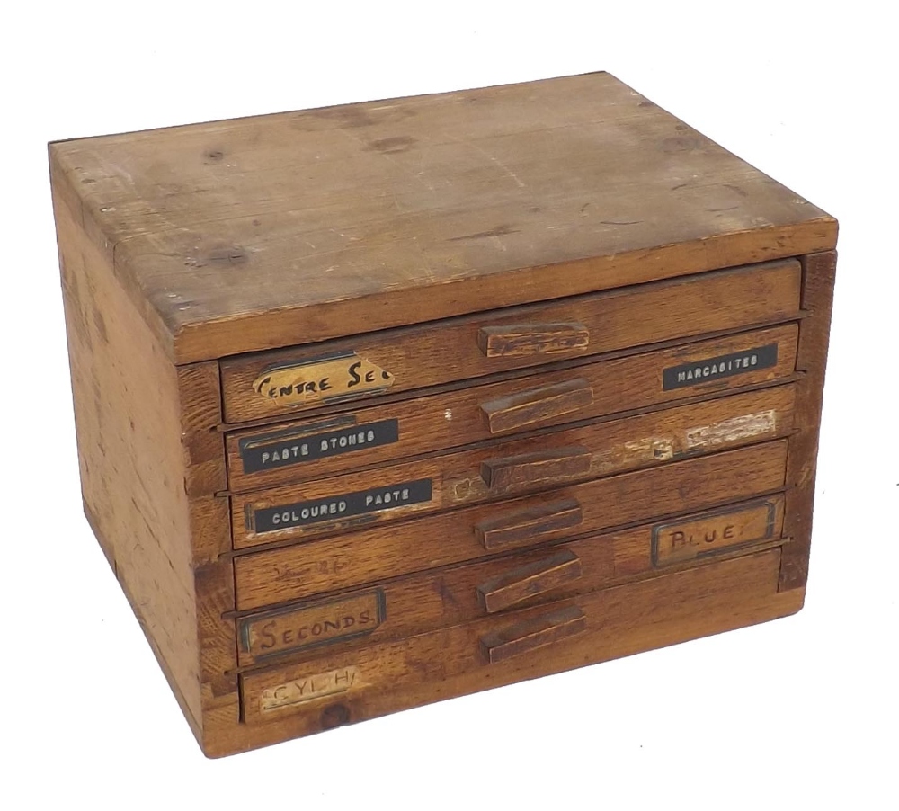 Six drawer wooden chest containing a quantity of watch hands, paste stones, marcasites and screws - Image 2 of 2