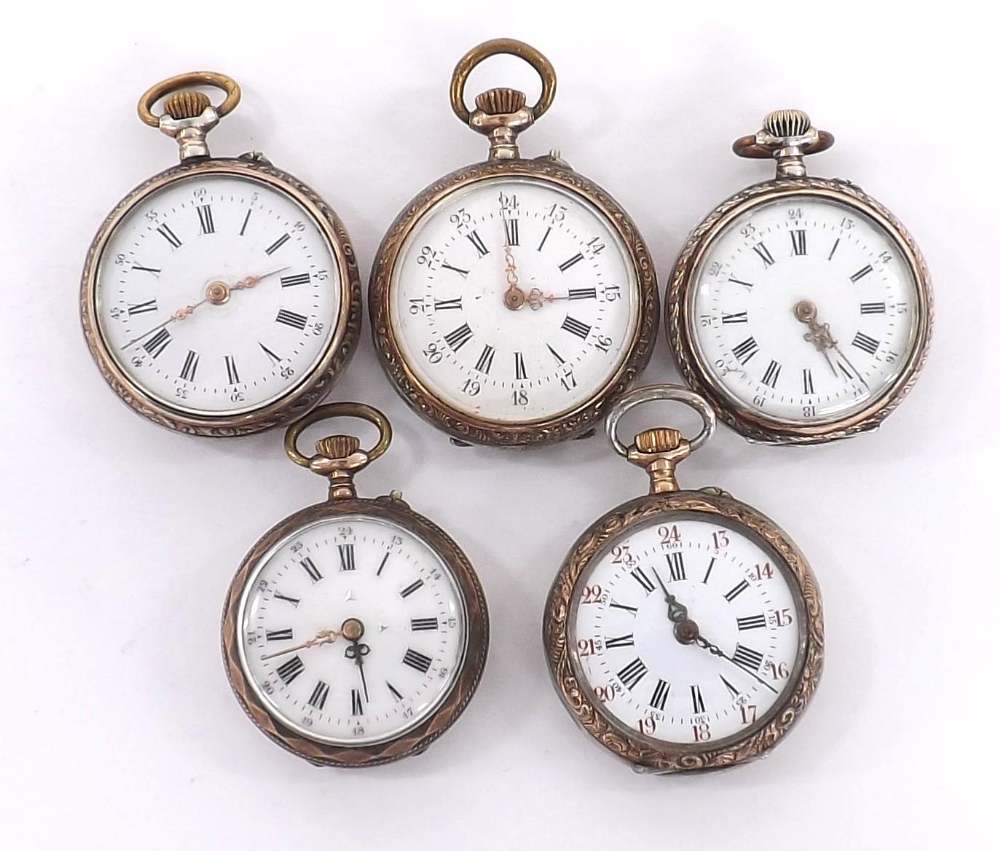 Five Continental silver (0.800) cylinder fob watches (5)