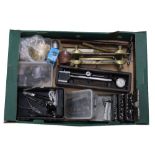Quantity of various tools and movement clock parts etc, including a brass depthing tool, 11" wide,