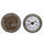Small French travelling alarm clock in brass travel case, with white dial steel trefoil hands and