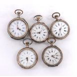 Five Continental silver (0.800) fob watches (5) (at fault)