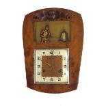 Novelty Art Deco style two train wall clock, the 5.5" square dial under a window revealing a