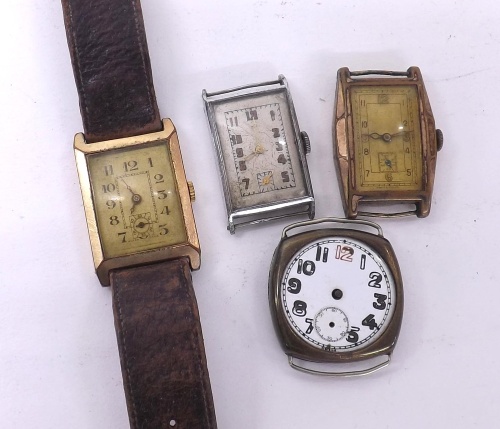 Two gold plated rectangular cased fixed bar gentleman's wristwatches (one at fault); together with a