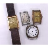 Two gold plated rectangular cased fixed bar gentleman's wristwatches (one at fault); together with a
