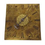 Interesting early hooded wall clock dial, the 7.75" x 7" brass dial plate signed William Fox of