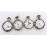 Three continental white metal cylinder pocket watches, each with engraved scene (one at fault);