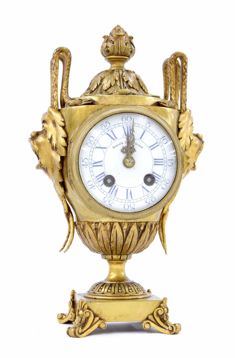 French novelty two train mantel clock in the form of a Classical urn, the 3" white dial signed