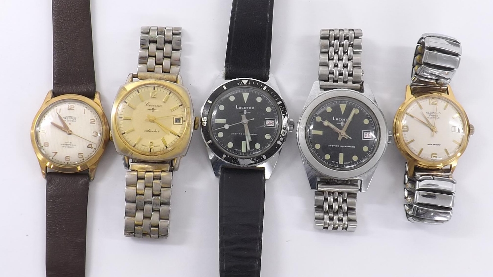 Three Lucerne gentlemen's wristwatches; together with two further gentlemen's wristwatches to