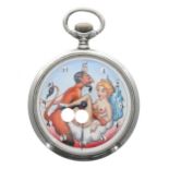 Doxa novelty erotic automaton lever nickel cased pocket watch, signed gilt frosted movement with