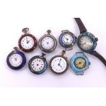 Five enamelled fob watches for repair; together with three enamelled wire-lug wristwatches for