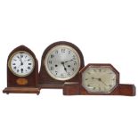 Small mahogany inlaid lancet mantel timepiece; also an Elliott Art Deco cased clock and a Napoleon